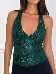 Women Y2k Halter Tank Tops Sparkly Sequin Summer Crop Tops Sleeveless Slim Fit Deep V Neck Open Back Vest Shirt Backless Glitter Going Out Tops Vintage Streetwear Fairy Aesthetic Clothes - 墨綠色 - 查看 1