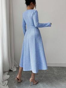 Women's Collared Long Sleeve Button Design Elegant Dress, Suitable For Christmas And New Year Dates - Blue and White - View 2