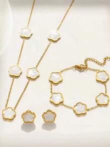 男士三件套不锈钢首饰套装 - 幸运花吊坠项链、手链和耳环组合，镶嵌八月生辰石，未镀层，完美礼品之选 - 五葉草套裝 - 查看 4