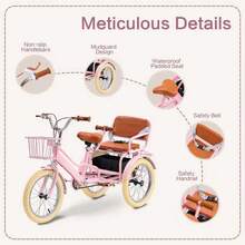 Kid Stricycle, 16 Inch Girls Tricycle For Kids 4-9 Years Old, Dual Handbrake Boys Tricycle With 2 Seats, 3 Storage Baskets, Multiple Colors - Pink - View 3