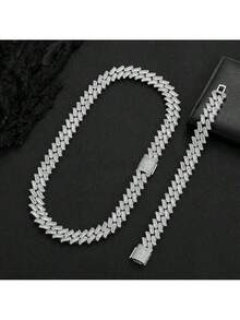 Conjunto de pulseira e colar cubano colar de corrente com cravação de gelo colar de diamantes hip-hop masculino - Prata - Visão 2