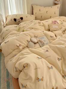 4pcs Dog Pattern Bedding Set, Soft & Comfortable Bedroom Linens, Cute Dachshund Design, Breathable & Soft All Season Bed Set Including 1 Duvet Cover, 1 Bed Sheet, 2 Pillow Shams, No Filling, Suitable For Bedroom, Dorm, Home Use, Multiple Sizes Available - Beige - View 8