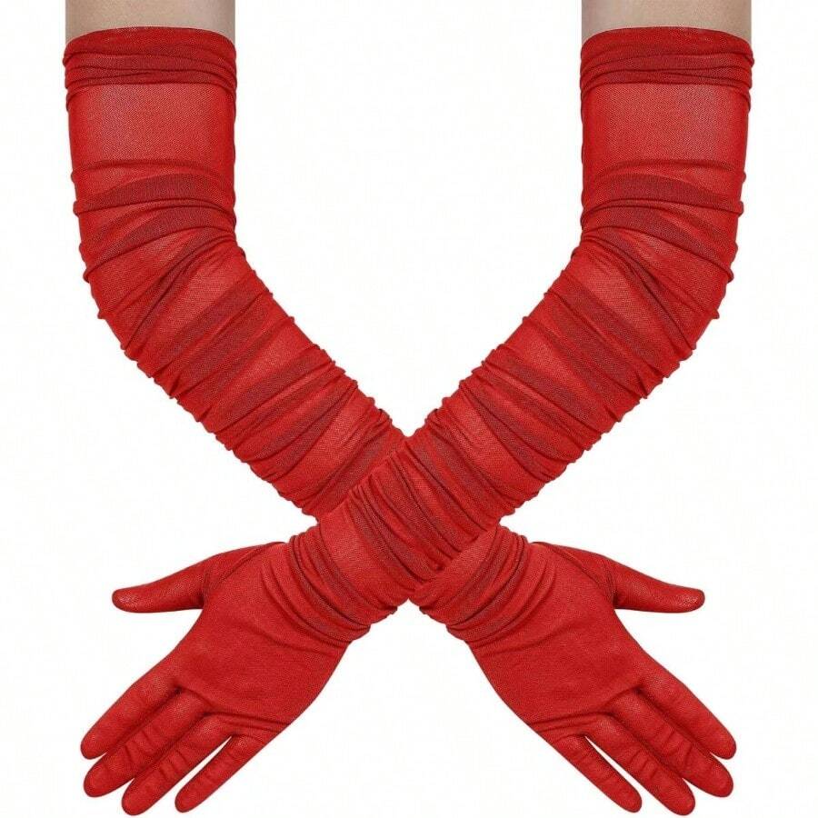 Guantes largos y elásticos de mujer de malla y tul transparente con pliegues, para disfraz, fiesta, ópera y baile de los años 20 - Rojo - Ver 1