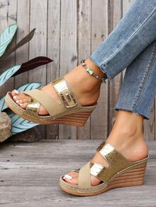 Women's Wedge Slide Sandals, New Summer Metal Patchwork Casual Slippers - Gold - View 1