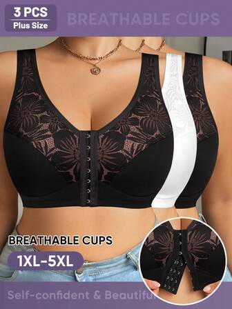 MEIYATING 3 st/set Plusstorlek Dam Framknäppning Spets Blommig Mjuk & Bekväm Daglig U-Back Camisole BH