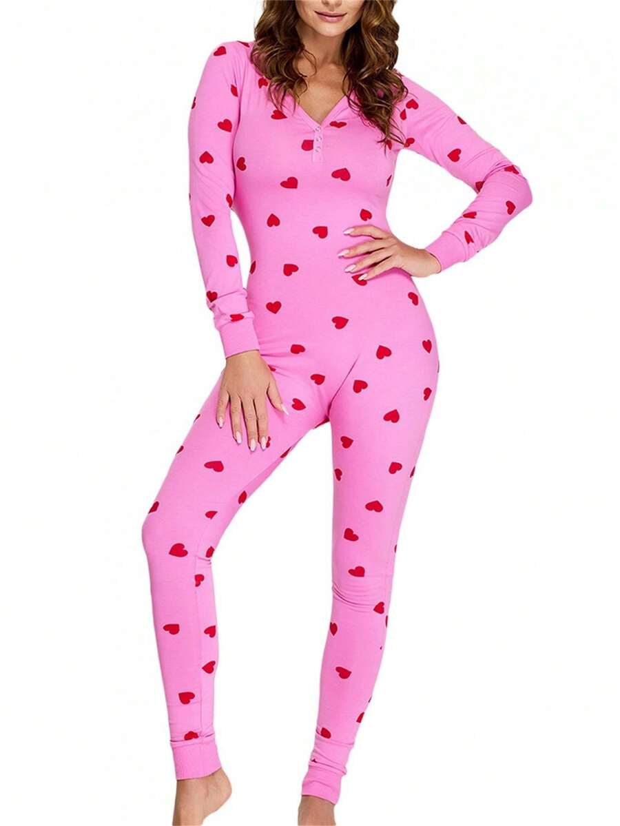 Holiday One Piece Pajamas For Women .Y Pink Heart Striped  Pajamas Cute Love Print Jumpsuit Sleepwear Romper - 粉色 - 查看 1