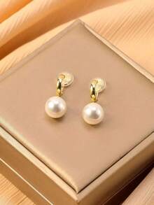 1 Pair Fashion Faux Pearl Pendant Earrings For Women, Clip-On Earrings With High-End Elegant Vibe, Suitable For Daily Wear And Holiday Gifts