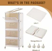 Contenedores de almacenamiento multicapa con ruedas - Cajones plegables transparentes de 4 niveles y 23 cuartos con tapas, organizador ahorra espacio para dormitorio, oficina y dormitorio universitario - blanco lechoso - paquete de 4 con 1 tapa y ruedas - Ver 10