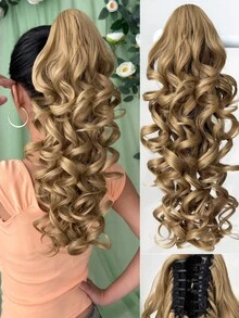 Tóc giả đuôi ngựa xoăn sóng sâu 18 inch màu nâu, tóc giả tổng hợp chịu nhiệt, thích hợp cho phụ nữ đội trong dịp Giáng sinh, Halloween, lễ hội âm nhạc, tiệc tùng và sử dụng hàng ngày. - Lanh nâu - Xem 2