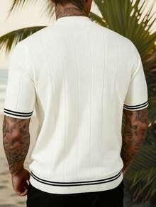 Men's Contrast Color Vertical Striped Knit Crew Neck Top - White - View 3