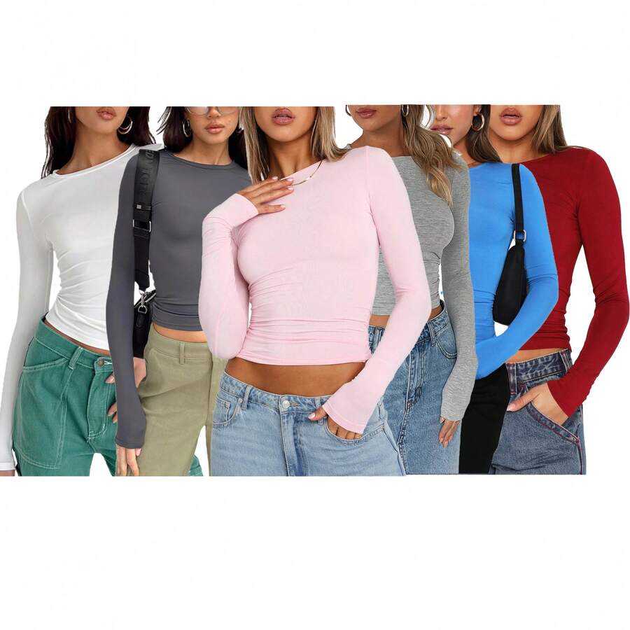 Women's Casual Minimalist Crew Neck Raglan Sleeve Fitted Long Sleeve Base Layer T-Shirt, Suitable For Autumn/Winter - 棕色 - 查看 1