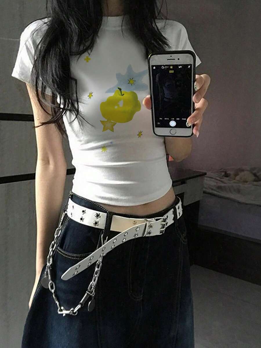 夏季性感修身短袖T恤,苹果星星印花,适合运动、度假和约会等休闲场合,白色 - 白色 - 查看 1