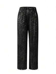 Women's Casual Solid Color Slim Fit Sequin Embellished Pants, Suitable For Daily Commute And Office Wear, Autumn/Winter Black Spring - Black - View 3