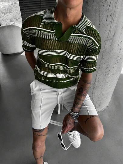 Men's Hollow Out Semi-Sheer Striped Knit Short Sleeve Polo Shirt, Comfortable Breathable Lightweight Knit Top For Casual, Suitable For Vacation