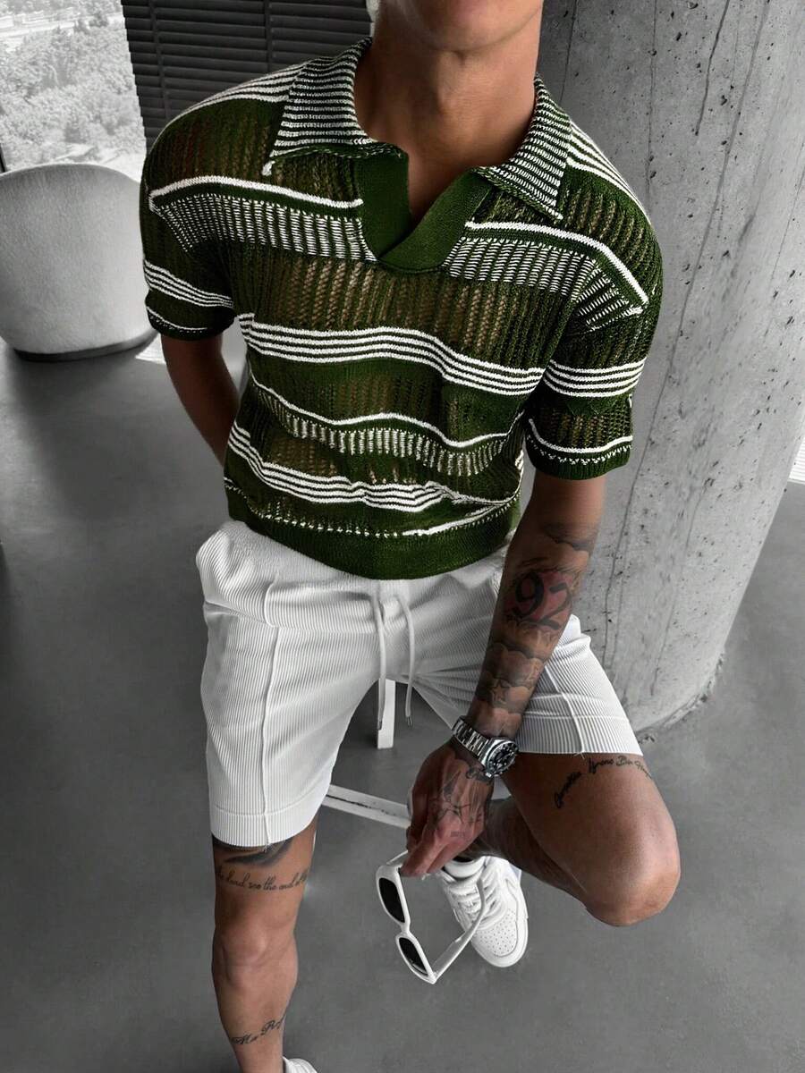 Áo polo nam YONGC kiểu dáng sọc rỗng thời trang mới, áo len tay ngắn nhẹ thoáng khí, áo dệt kim đa năng, thoải mái và năng động cho nam giới mặc trong kỳ nghỉ hè.