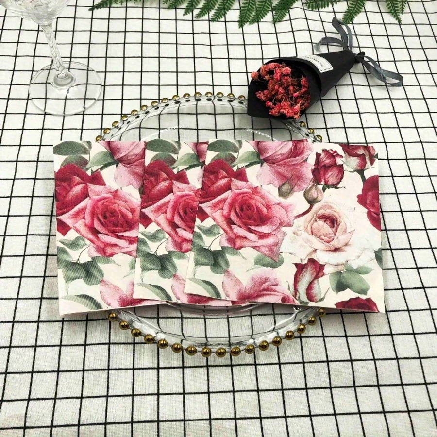 20pcs/Pack 12.99*12.99 Inch 2-Ply Colorful Rose Printed Napkins, Elegant Wedding Hotel Square Tissue Paper, Butterfly Bone Pulp Material, Decorative Dining Accessories
