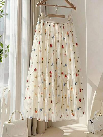 Blommig plisserad midikjol för kvinnor, vår-/sommarsemester