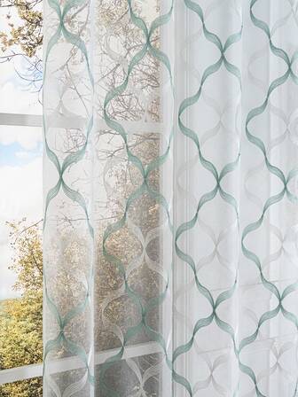 1 Parça Açık Mavi İşlemeli Perde, Dekoratif Açık Mavi İşlemeli Suni Keten Çubuk Cep Tasarım Perde, Ev, Mutfak, Oturma Odası, Çalışma Odası, Yatak Odası ve Kır Evi İçin Uygundur