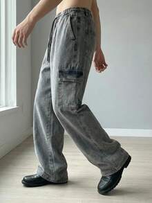 Light Graphite Cargo Pants Jeans 4 Pockets Street Style Urban Skater Elastic Waist - Dark Grey - View 4