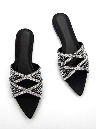 Women's Glamorous Fully Rhinestoned Hollow-Out Decor Black Satin Material Fashion Comfortable Pointed Toe Peep Toe Flat Mule Sandals, Suitable For Daily Wear And Party