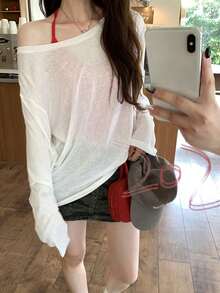 Sheer, Relaxed Fit Slim Fit Long Sleeve T-Shirt For Women, Lightweight, Sun Protection, Air Conditioning Cover - White - View 3