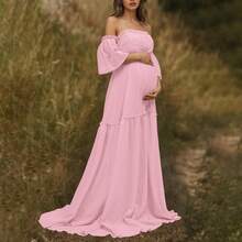 粉色孕妇露肩层叠短袖梭织面料微弹力长款礼服，荷叶边裙摆拖尾，适合草坪、海滩、花园等特殊场合春季拍摄 - 淺粉色 - 查看 11