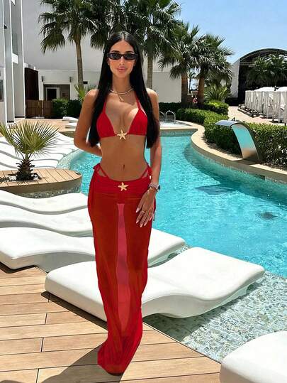 3 piezas Conjunto de bikini de lujo con estampado de estrella de mar y falda pareo de pierna ancha transparente - Moda de resort de playa de alta gama, conjunto casual de verano