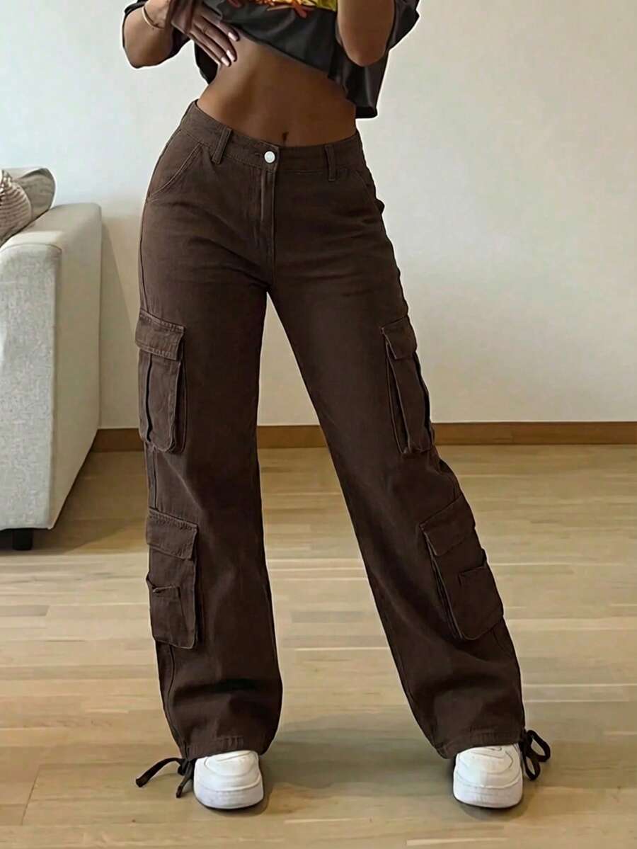 Women's Mid Waist Cargo Jeans With Multi Pockets, Wide Leg Loose Fit Denim Pants With Adjustable Hem - màu nâu - Xem 1