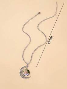 suteyi Personalized Photo Crescent Moon Pendant Necklace - Customizable With Your Photo, Featuring Round Glass Print And Stainless Steel Material - Silver - View 4