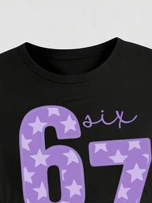 少女休闲圆领字母印花短袖上衣和工装裤套装，夏季 - 紫色 - 查看 4