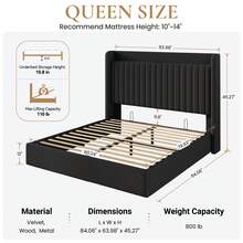 SHA CERLIN Full/Queen/King Size Lift Up Storage Bed Frame/Charging Station/USB,Type-C Port/Storage Headboard/Velvet Upholstered/Hydraulic Support/No Box Spring Needed/Noise Free/Black - 黑色 - 查看 9