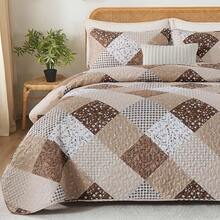 Floral Plaid Patchwork Quilt Set King Size, Reversible Brown Bedding Set Soft Microfiber Lightweight Bedspread Coverlet 3 Piece All - Season Use (104x90 Inches) - Deep Brown - View 6