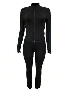 Autumn/Winter European And American Style Women's Fashion Zip-Up Cardigan, Fitted Top And Loose Wide-Leg Pants Set - Black - View 8