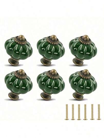 6pcs Vintage Dark Green Ceramic Cabinet Knobs, 1 Set Dresser Knobs, Drawer Pulls And Handles With Mounting Screws