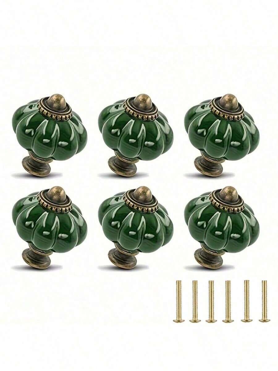 6pcs Vintage Dark Green Ceramic Cabinet Knobs, 1 Set Dresser Knobs, Drawer Pulls And Handles With Mounting Screws - Dark Green - View 1