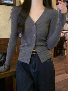 V领设计，细扣环，长袖，罗纹针织毛衣，女士开衫，适合秋冬季、返校季、圣诞节和新年等场合，优雅休闲的长袖上衣 - 灰色 - 查看 7