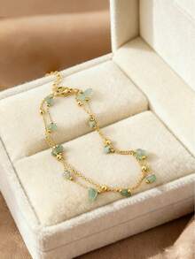 1pc Natural Stone Stainless Steel Anklet For Women, Beach Foot Jewelry (Note: Asymmetrical Stones, Varying Stone Size And Color, Handmade Chain Length And Bead Count May Differ) - Double Anklet - View 5