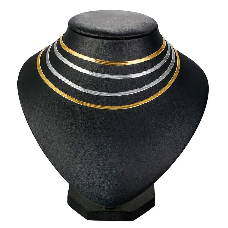 Collar de cadena plana de serpiente de acero inoxidable para mujeres, cadena de cuchillo dorada, cadena de hueso de serpiente, gargantilla - Oro 3,0 mm x 28 cm + 8,5 cm - Ver 1