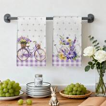 2pcs Purple Floral & Bicycle Pattern Kitchen Towels, 40*60cm Soft Microfiber Material Dish Cloths, Suitable For Home, Kitchen, Restaurant, Outdoor Camping, Durable Cooking Baking Tea Towels, Great Gift