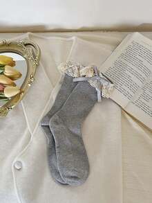 1双蝴蝶结蕾丝边短袜，可爱女童中筒袜，百搭校园/休闲风格，春秋季 - 彩色 - 查看 11