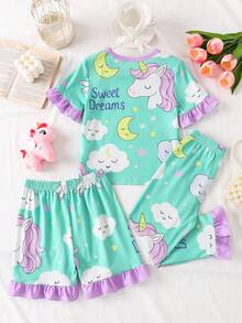 新款女童睡衣套装，独角兽印花儿童三件套睡衣，圆领荷叶边短袖女童睡裙，舒适休闲家居服