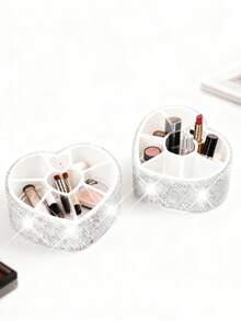 Luxury Sparkling Makeup Organizer Box, Heart-Shaped Crystal Decor Rhinestone Slanted Makeup Brush & Pencil Storage Bucket Holder, Elegant Vanity Dresser Storage Box For Cosmetics, Brushes, Lipsticks And More - Multicolor - View 6