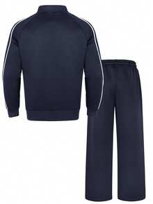 Kolrap Men's 2 Pieces Sports Set, Quarter Zip Collar Sweatshirt Paired With Drawstring Wide Leg Pants, Contrast Color Piping Raglan Sleeves, Casual Loose Fit, Suitable For Daily Wear - Navy Blue - View 4