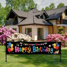 Large Colorful Happy Birthday Yard Banner - Outdoor And Indoor Party Decor - Black Fabric With Vibrant Letters And Balloons
