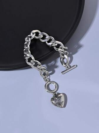  1pc Punk Style Thick Chain Heart Pendant Bracelet, Suitable For Women's Daily Wear And Parties, Ideal Gift Choice For Valentine's Day