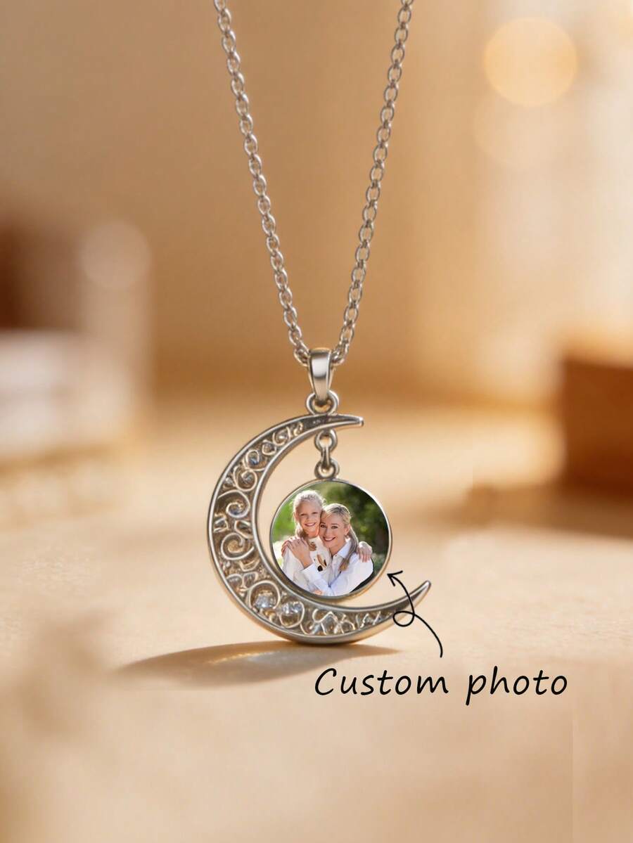 suteyi Personalized Photo Crescent Moon Pendant Necklace - Customizable With Your Photo, Featuring Round Glass Print And Stainless Steel Material - Silver - View 1