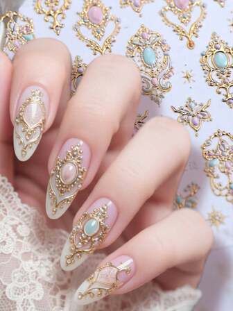 1 st 5D präglade nagelklistermärken lyxiga skal ljus retro barock guld stämplade nageldekaler med simulerade ädelstensdesigner nagelkonstdekaler självhäftande skjutreglage gör-det-själv-berlocker manikyr nageldekoration