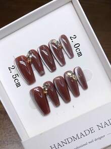 纯手工制作方形美甲贴片，手绘猫眼美甲，高品质简约设计美甲，秋冬美甲，覆盖式假指甲，Y2K美甲，独特小众创意假指甲，日常美甲，可爱现代风格美甲，日常佩戴，可拆卸可重复使用美甲用品，手工按压式美甲贴片 - 彩色 - 查看 3