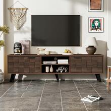 Modern TV-bänk med 2 hyllor och 2 öppna dörrar i mörkt trä Maserung – 160,5 x 35,5 x 45 cm - Mörk valnötsfärg + spånskiva - Visa 4