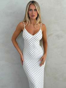 Elegant Polka Dot Sexy Deep V Backless Dress, Mesh Fitted Spaghetti Strap Dress - White - View 6